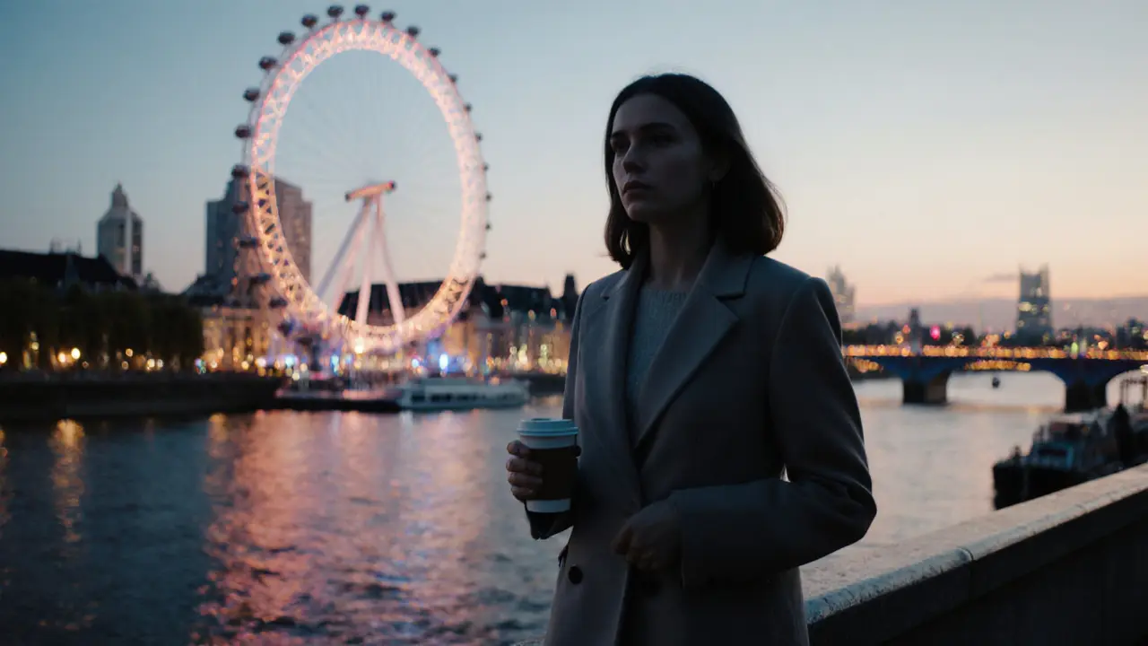 A confident woman walking along the Thames at sunset, calm and composed in the city light.