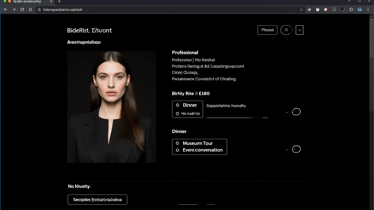A discreet digital escort profile with clean text, no images, showing service options and pricing.