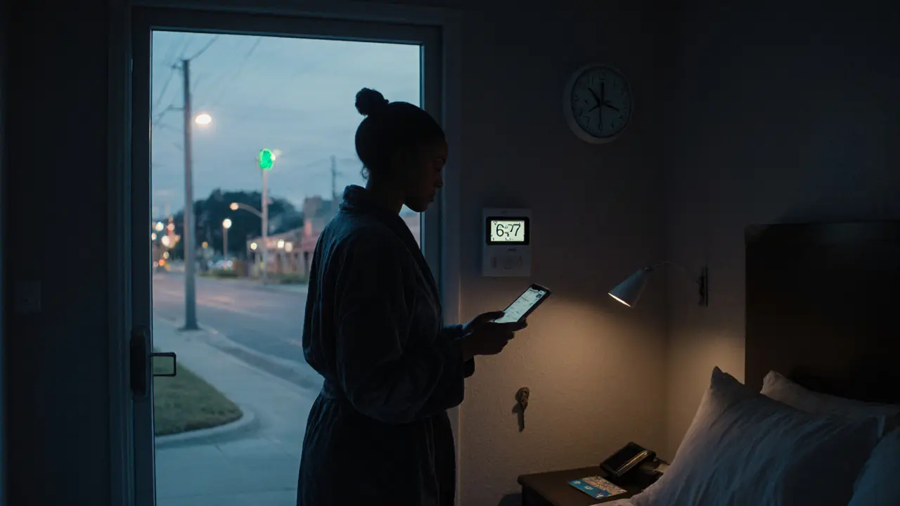 A sex worker in a motel room using a safety app with an alarm device on the wall.