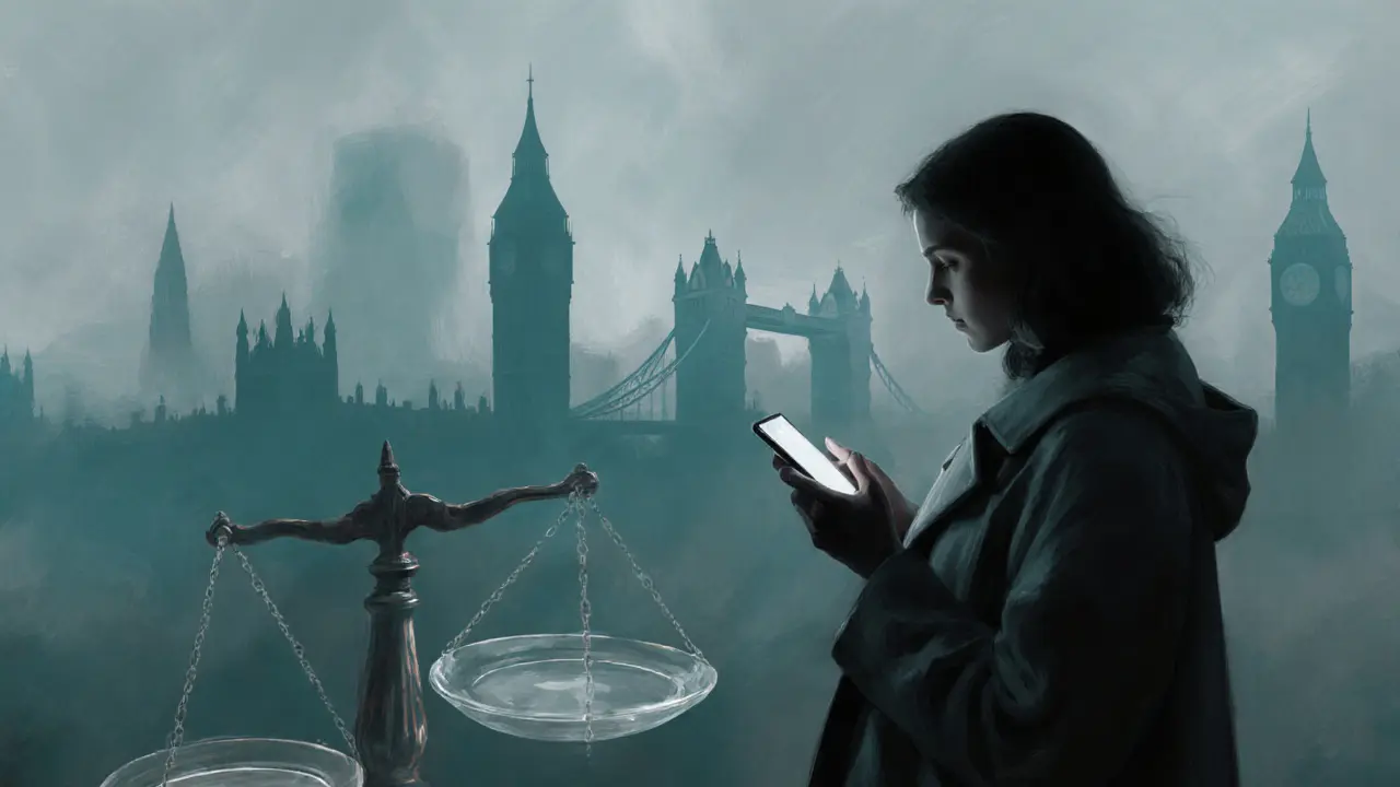 Abstract painting showing a woman with phone against misty London and Bristol skylines, hinting at legal balance.
