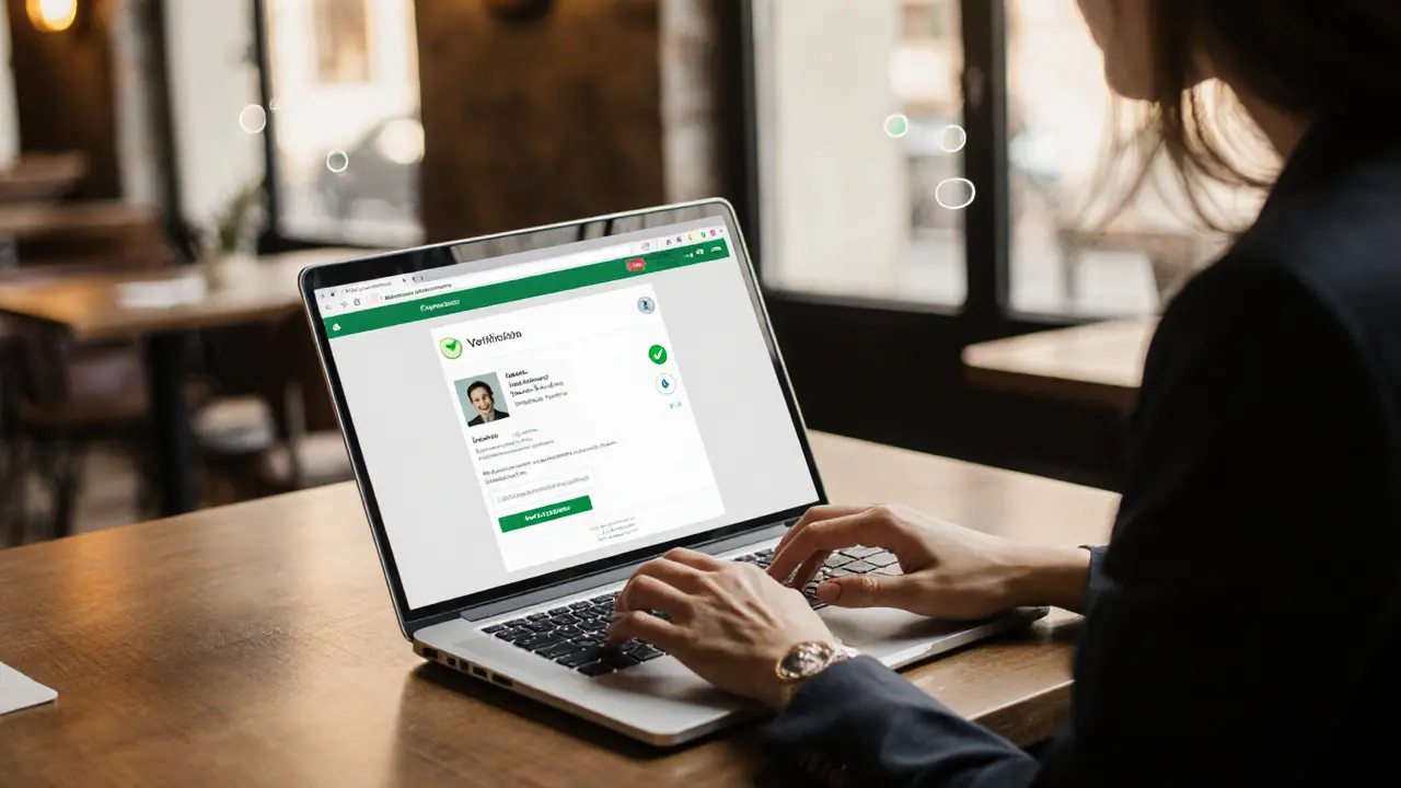 Close‑up of laptop screen in a café displaying a verified profile and ID thumbnail, with a woman typing.