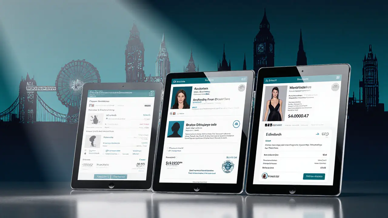 Collage of UK city skylines with tablets showing verified profiles.