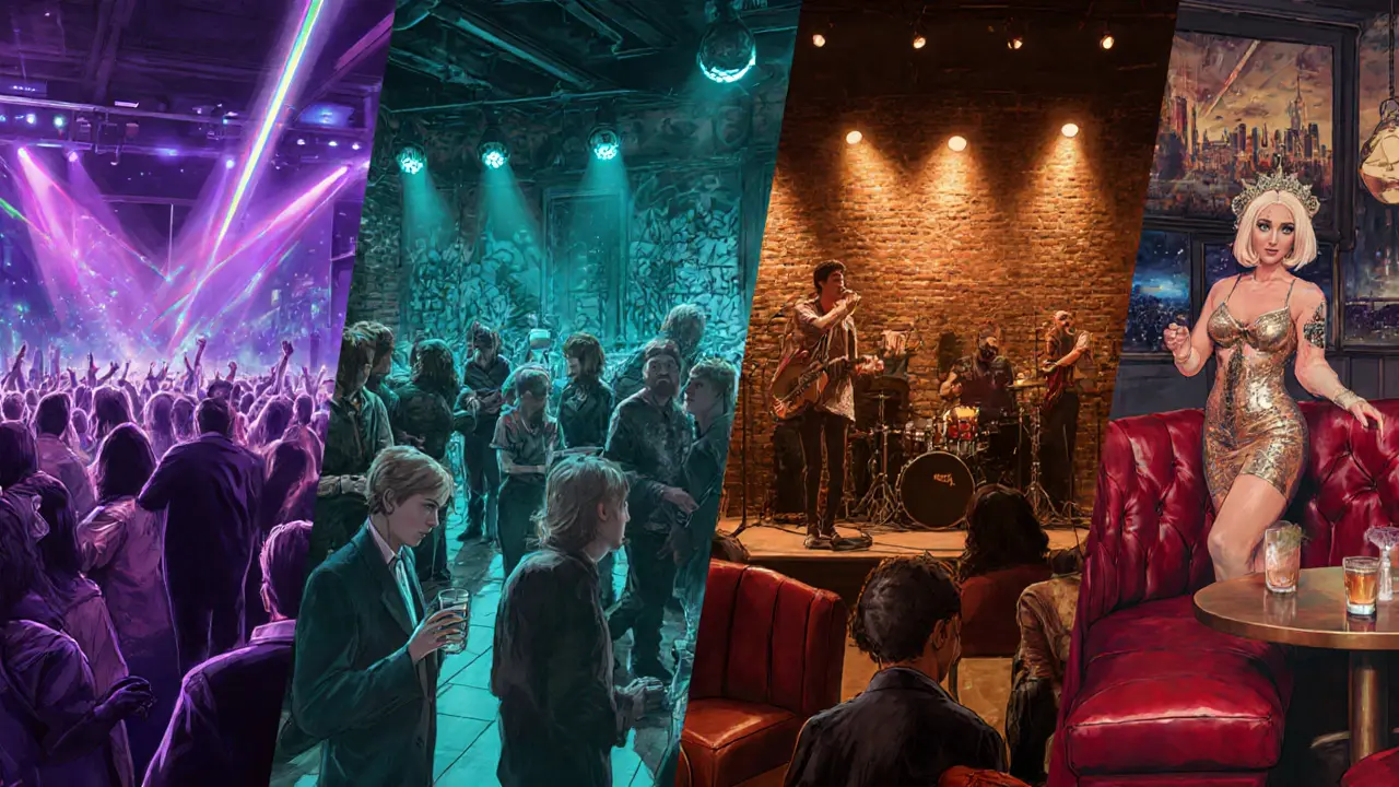 Collage of West End club, Shoreditch bar, Camden live music venue, and Soho lounge.
