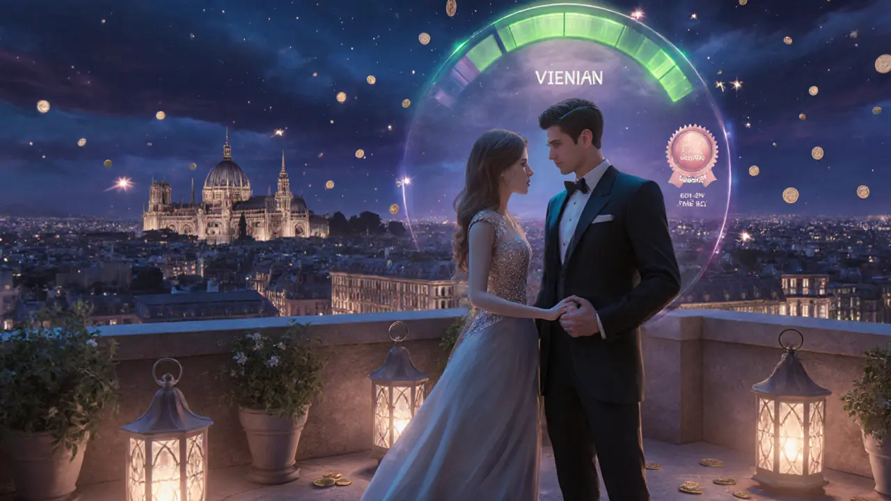 Couple on a Vienna rooftop with glowing relationship meter and floating EuroCoins.