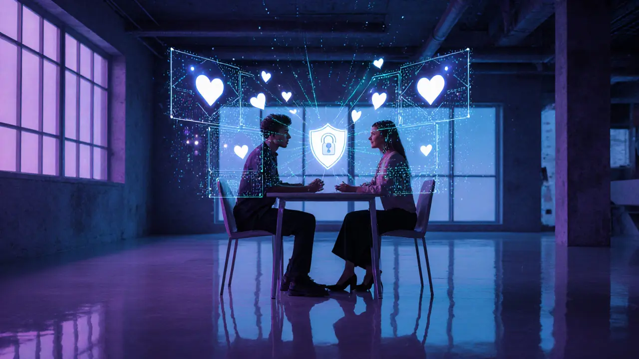 Couple on a virtual date surrounded by holographic AI matchmaking UI.