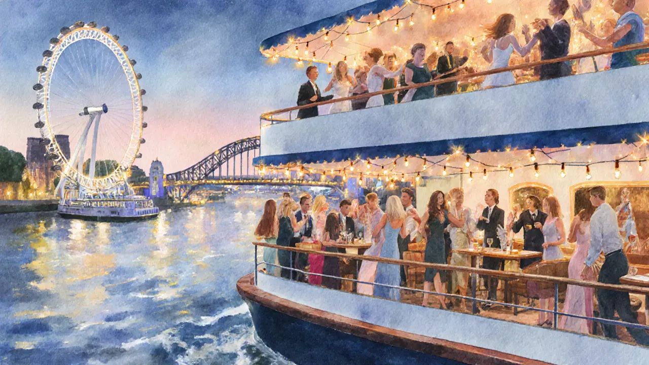 Double‑decker cruise party at night showing dancing crowd on upper deck and lounge below, passing London landmarks.