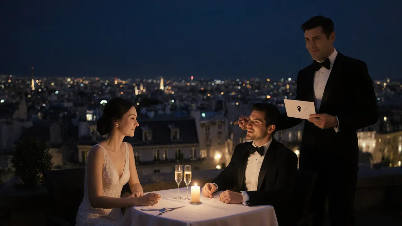 Elegant couple enjoying a surprise rooftop dinner with city lights at night.