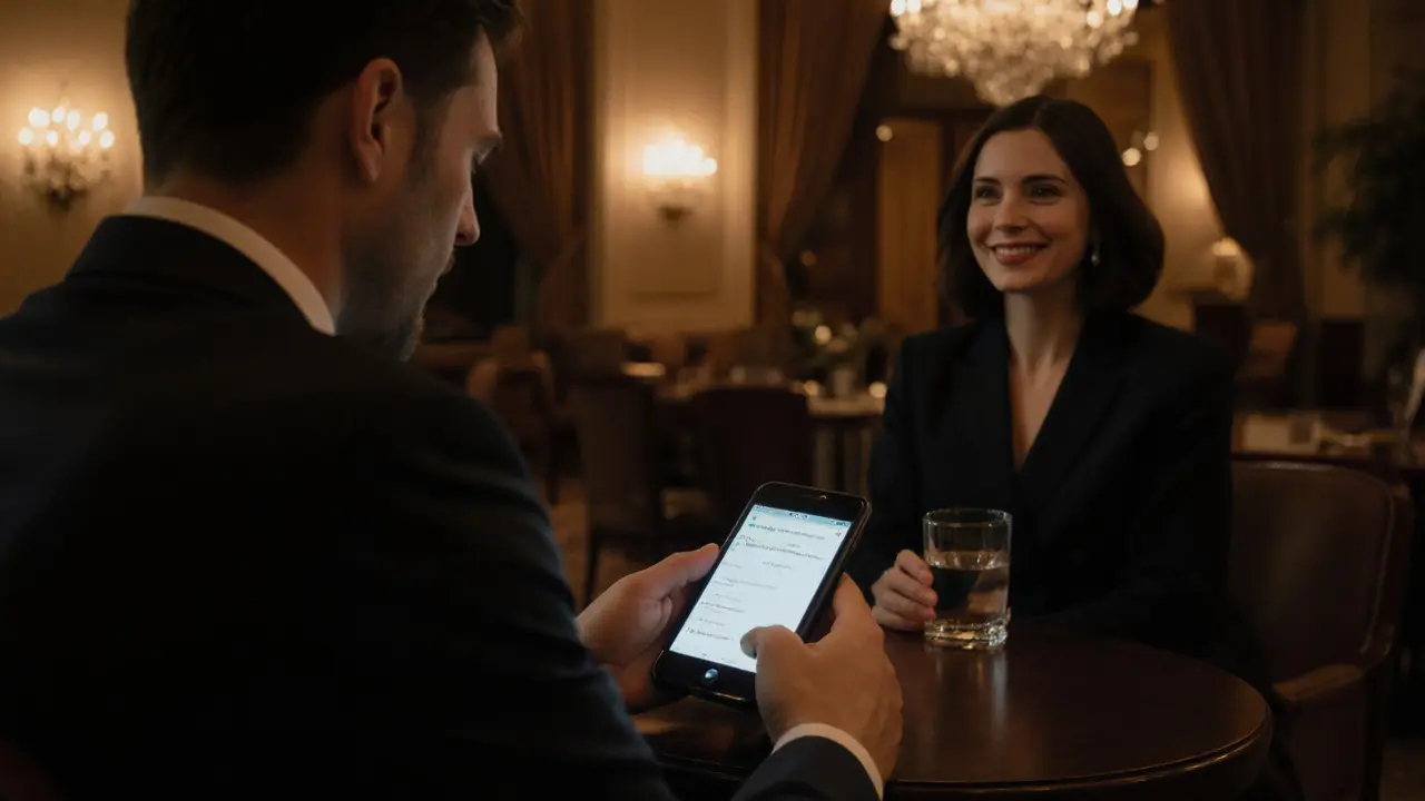 Elegant hotel lounge with a client and a professionally dressed companion meeting discreetly.
