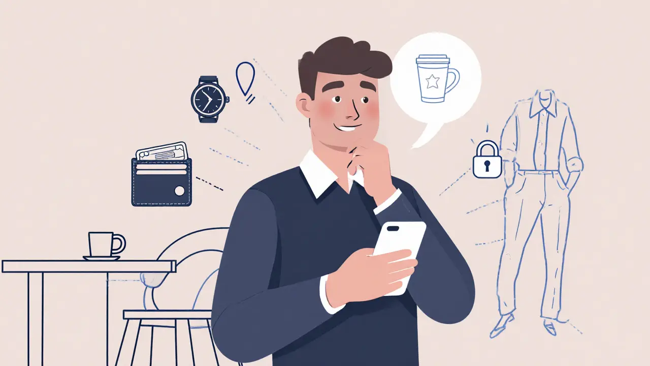 Flat illustration of a man reviewing a checklist: watch, wallet, phone, coffee cup, map pin.