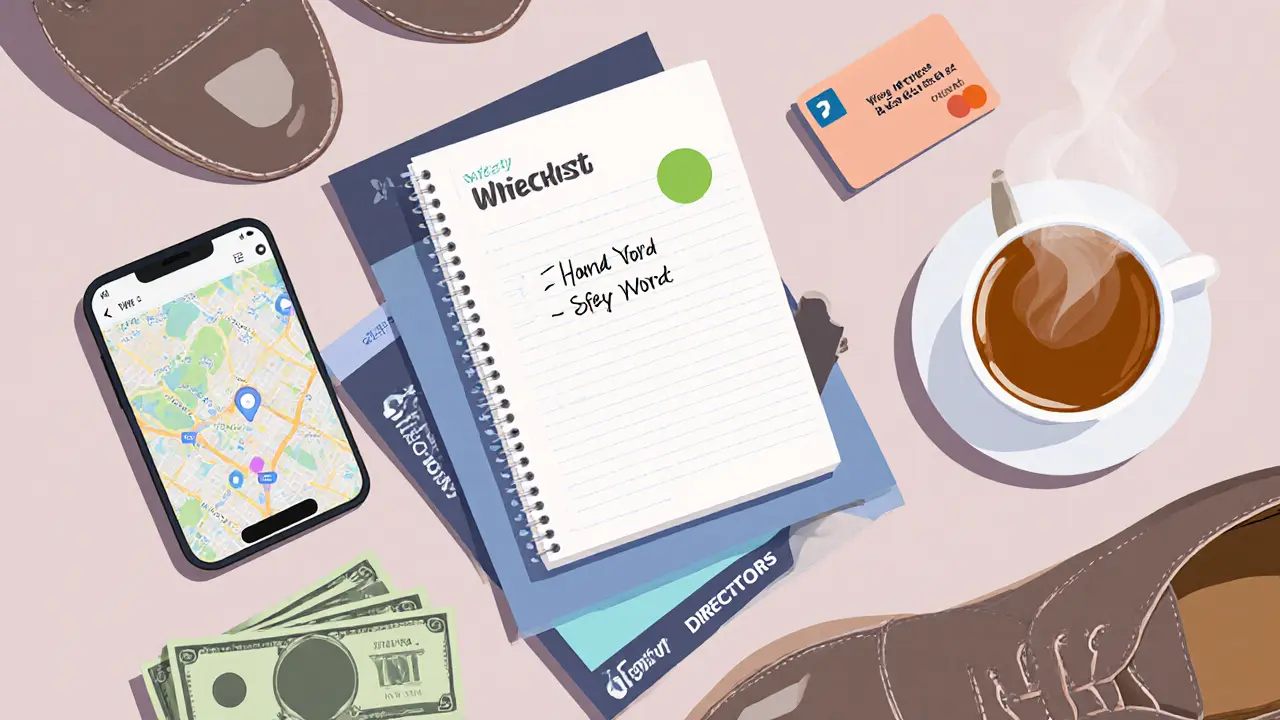 Flat‑lay of safety items: phone with location, notebook with safety word sticker, cash, tea cup, and directory flyer.
