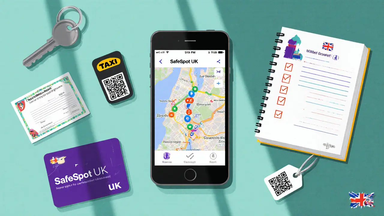Flat‑lay of safety items: phone with map app, condom pack, health certificate, checklist notebook, and taxi QR code.