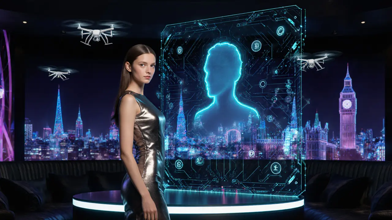 Futuristic lounge with holographic profile of an escort, neon London skyline in the background.