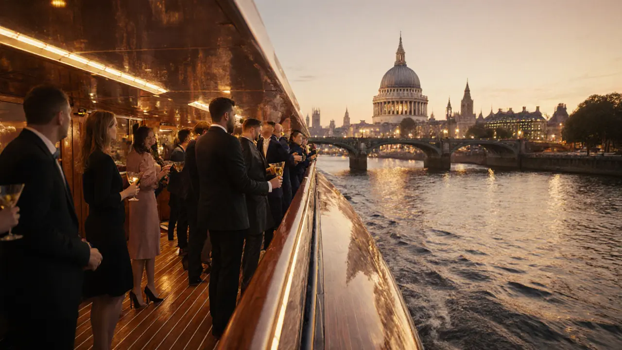 Guests boarding a illuminated party boat at Westminster Pier at sunset.