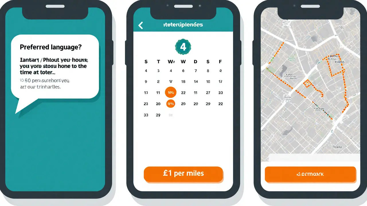 Illustrated three‑panel view of booking chat, calendar discount, and travel surcharge map.