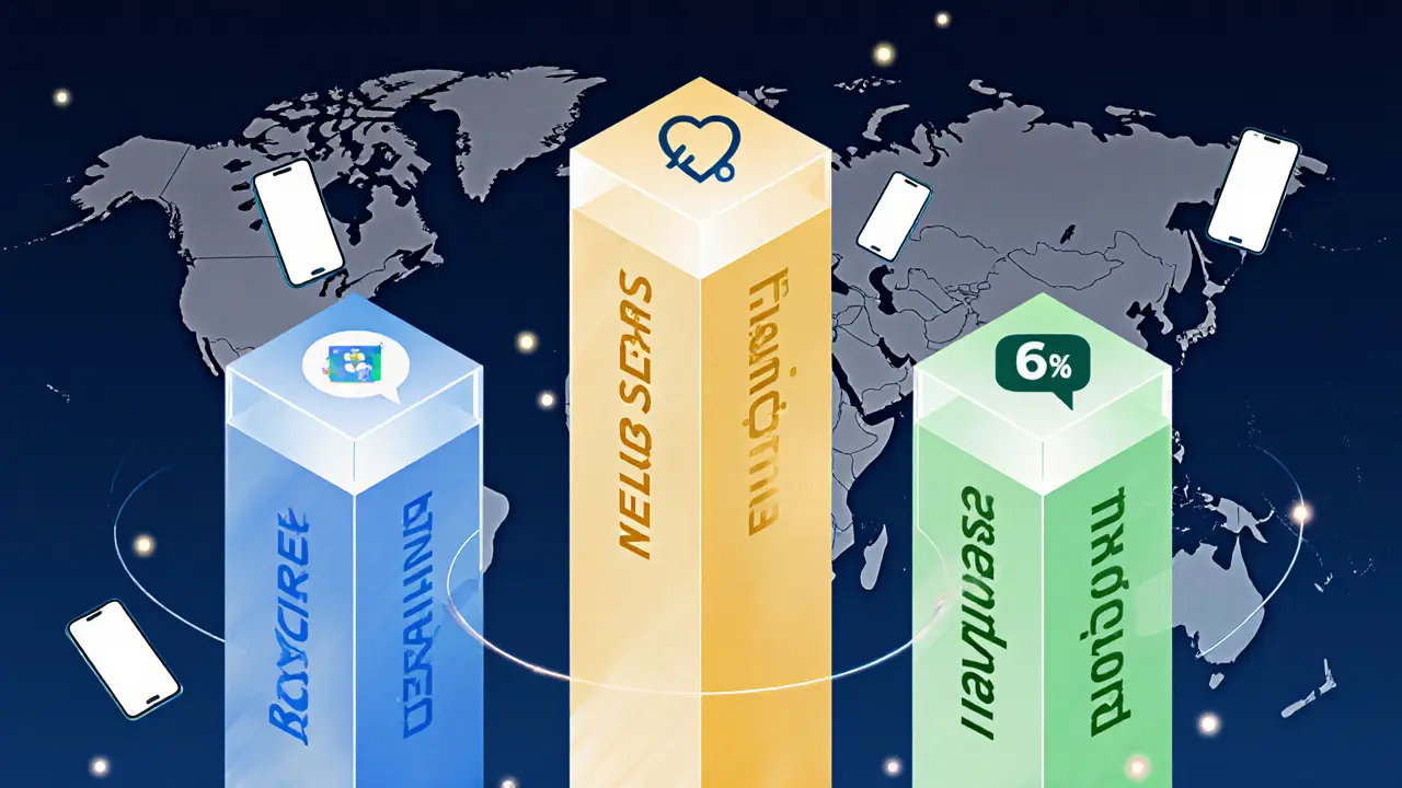 Illustration of three glowing pillars with floating phone icons over a world map.