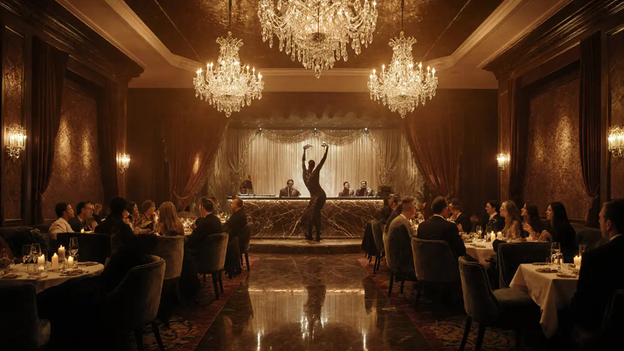 Luxurious Las Vegas strip club interior blending stage performance with upscale dining.