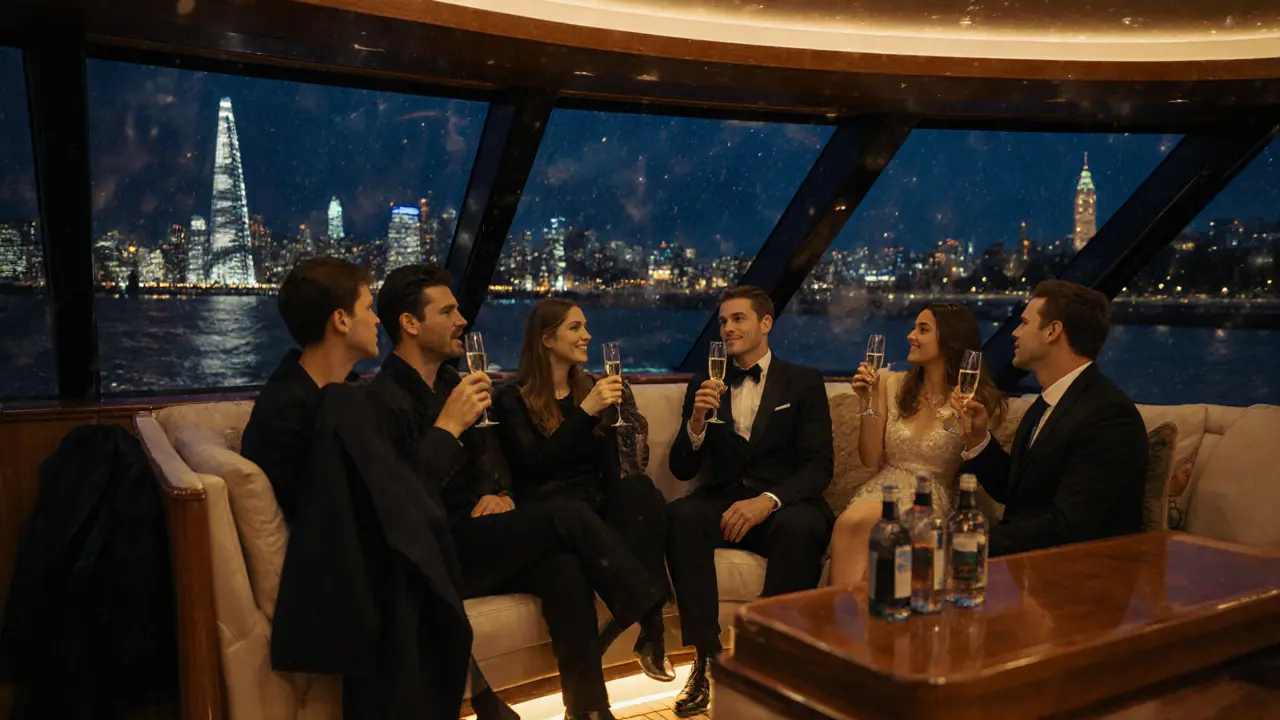 Luxury yacht interior with smart‑casual guests sipping champagne and city lights visible through large windows.