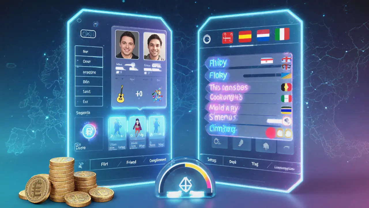 Matchmaking dashboard showing profile cards, scores, and EuroCoins on a map of Europe.