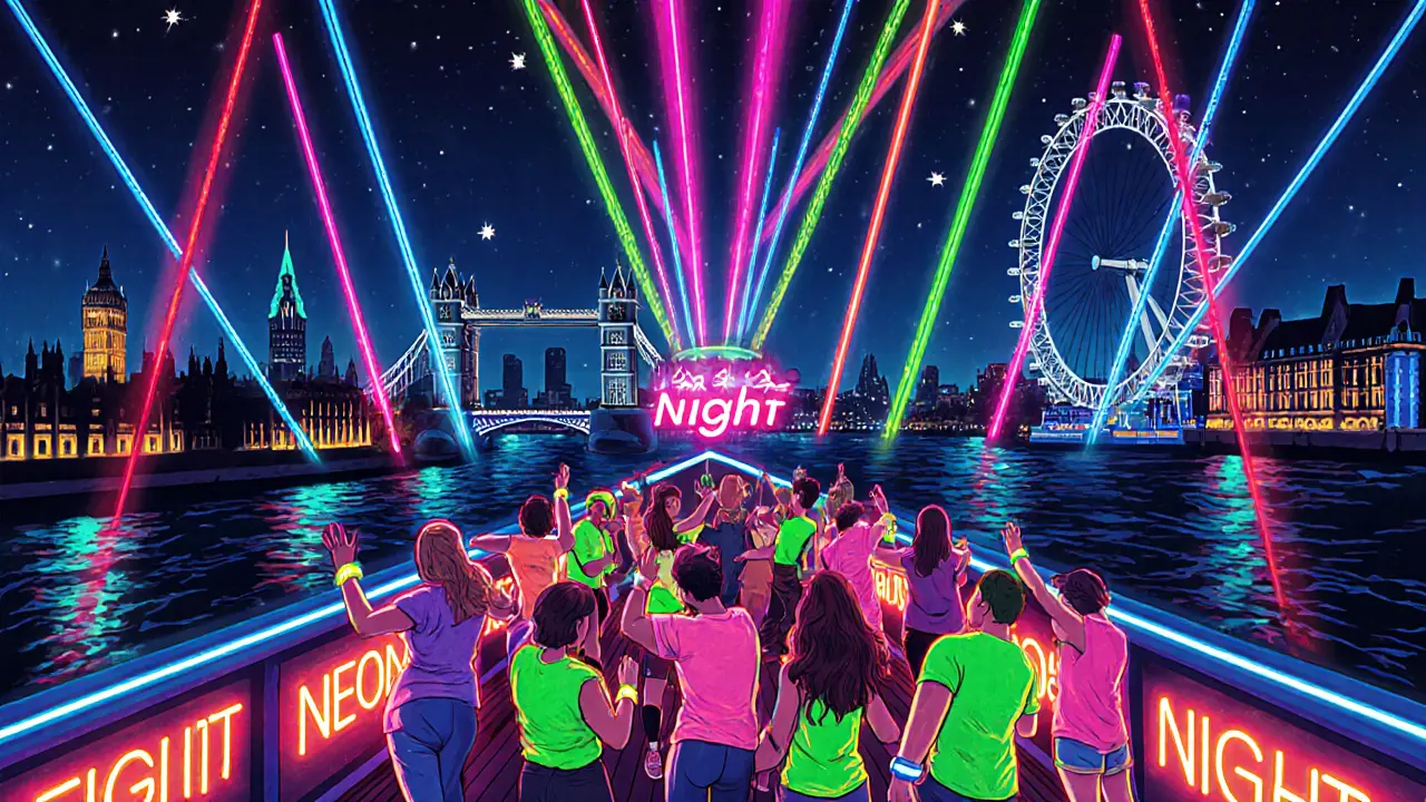 Neon‑themed boat party with glowing guests and colorful lights on the deck.