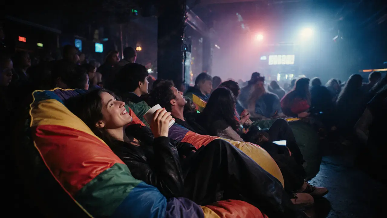 People resting on beanbags and grabbing coffee during a 24-hour rave at The Electric Ballroom, fog and soft lights in the background.