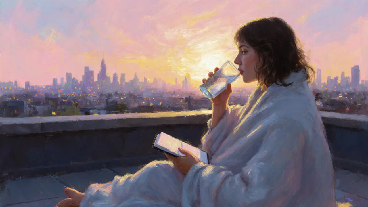 Person on a rooftop at sunrise, journaling and sipping water after a night out.