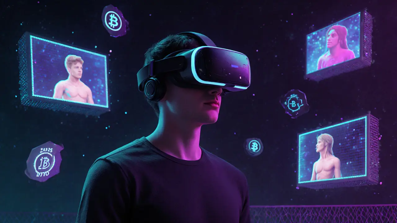 Person wearing VR headset surrounded by holographic adult content and blockchain symbols.