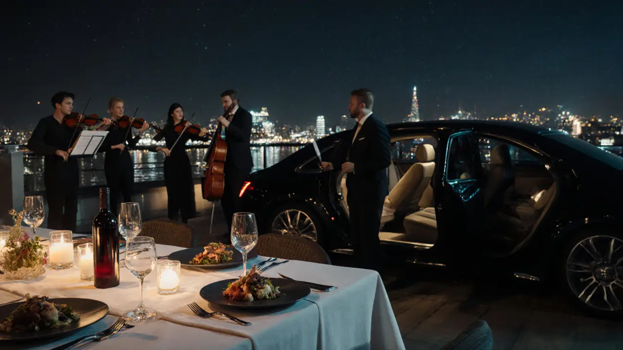 Private rooftop dinner with candles, gourmet tasting menu, vintage wine, and a live quartet overlooking the Thames.
