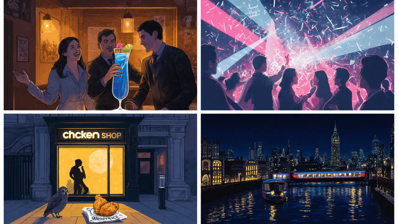 Sequence of cocktail bar, dance club, late‑night chicken shop, and Night Tube train.