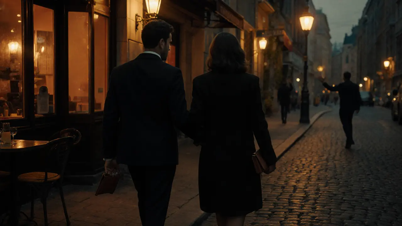Silhouetted couple exiting a warmly lit café onto an evening street, conveying confidence and privacy.