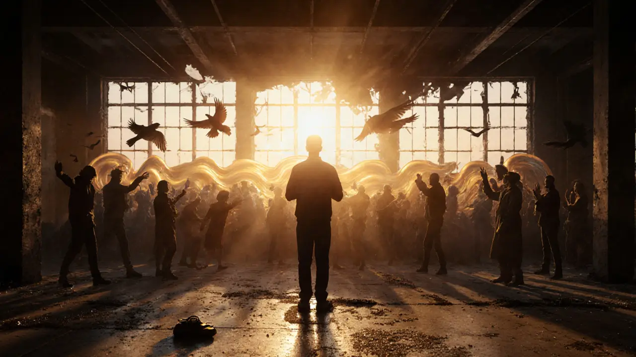 Silhouetted DJ at sunrise in an abandoned factory, golden light streaming through windows as a quiet crowd sways to ambient music.