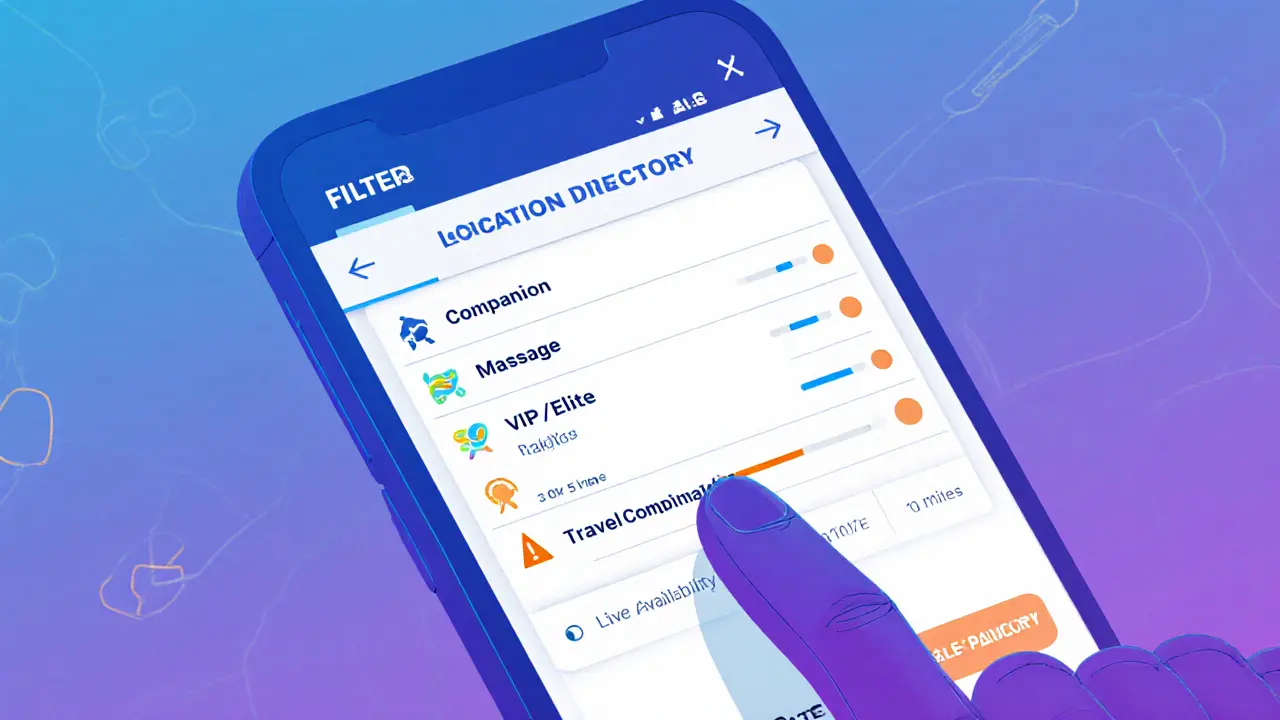 Smartphone app UI showing filters for escort types, price range, and live availability.