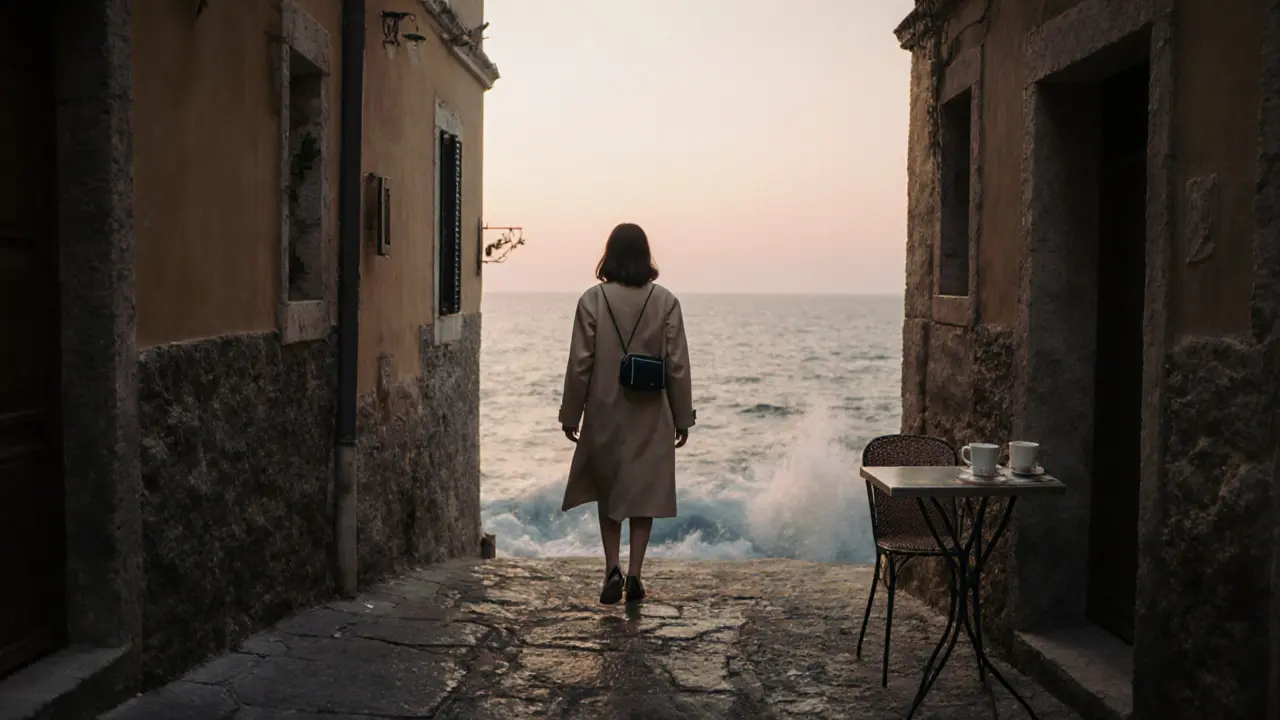 Solo woman walking quietly through Atrani&#039;s cobblestone alley at dawn, waves below.