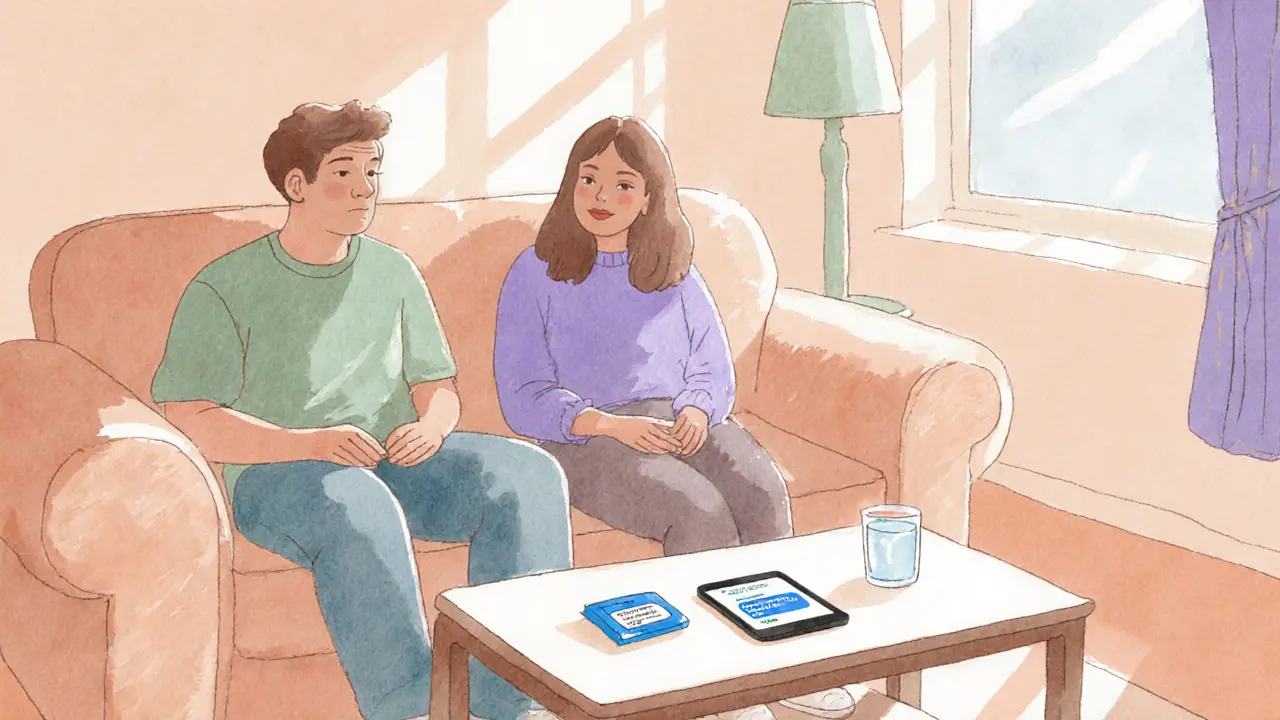 Two people on a sofa discussing limits, with a condom and phone visible.