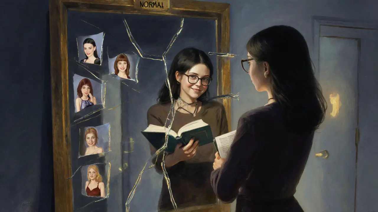 Woman's true reflection in a mirror, breaking free from stereotypes of objectification.