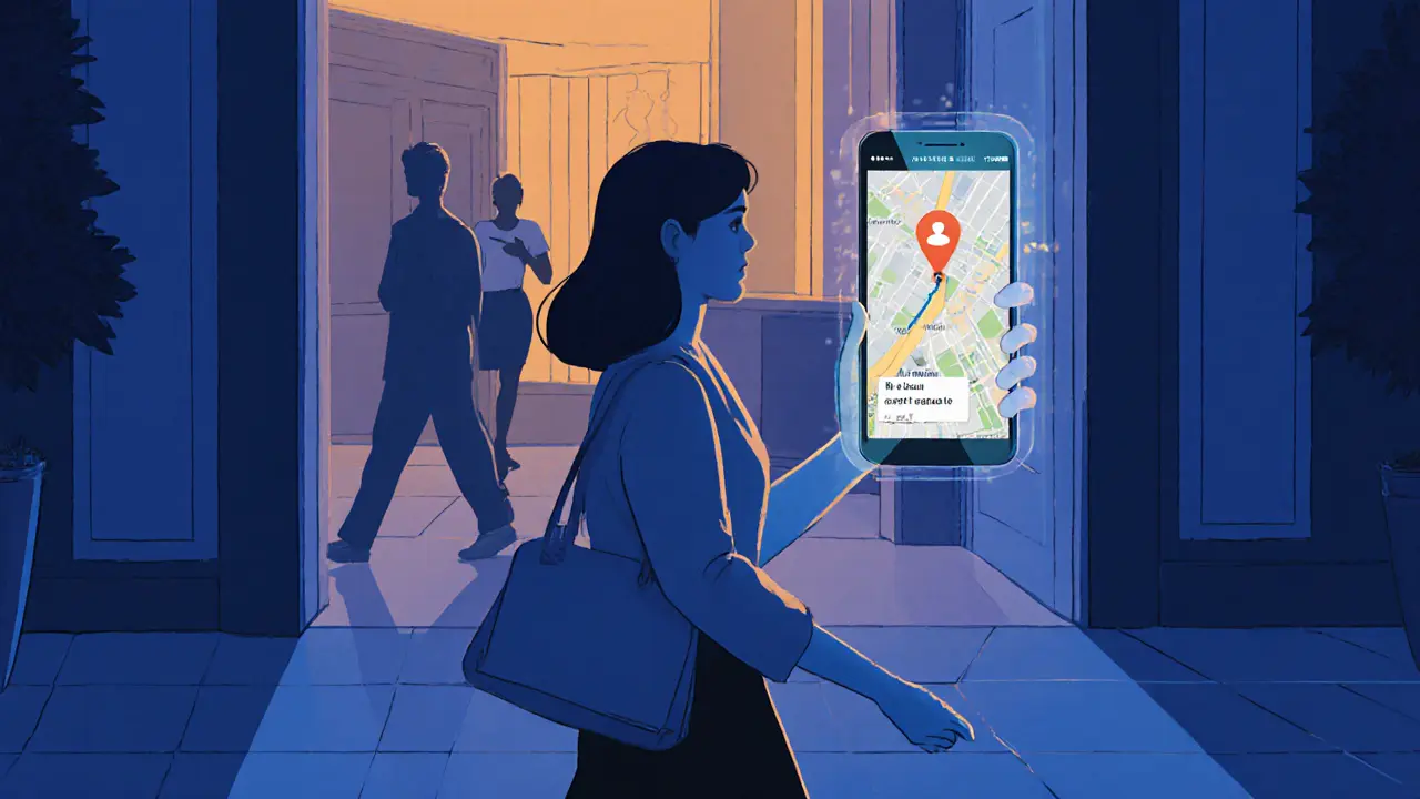 Woman entering hotel lobby with real-time location sharing visible on phone, safe route mapped.