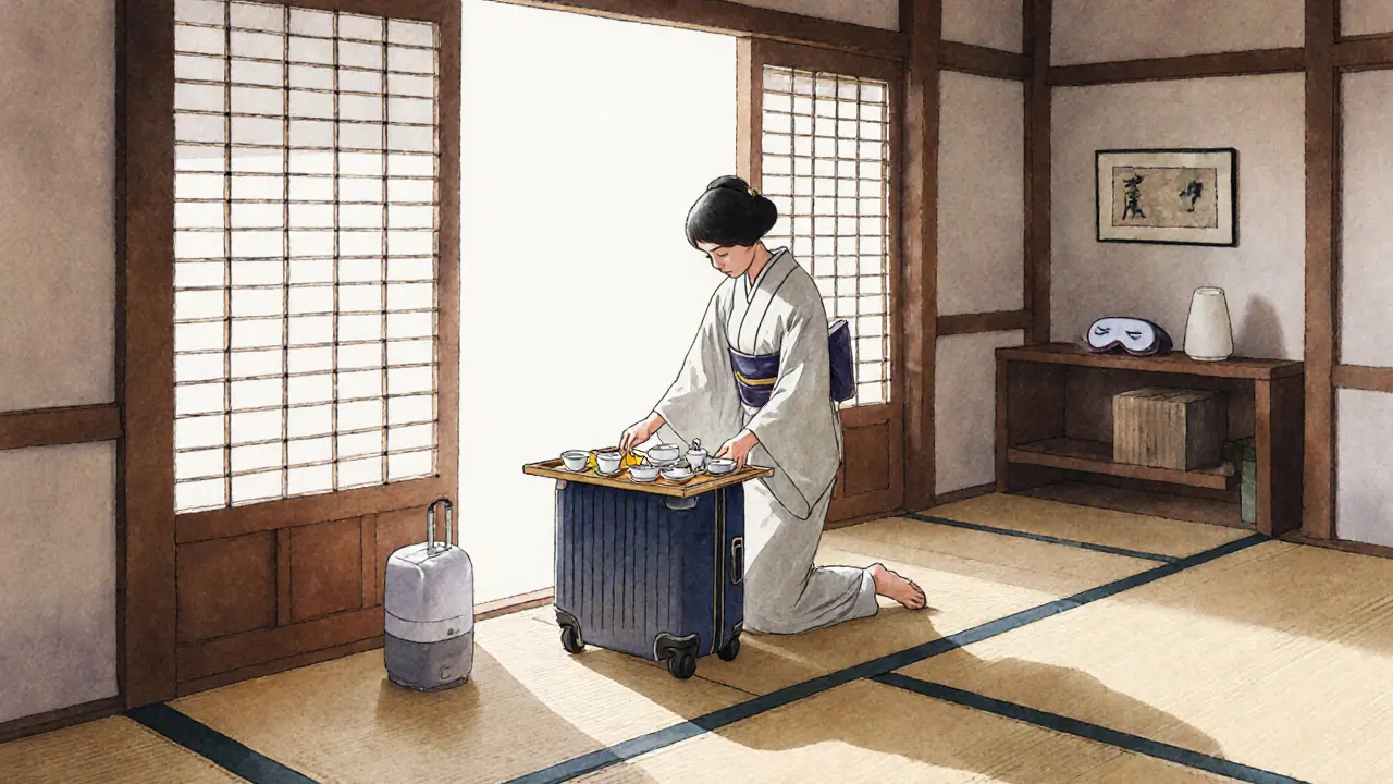 Woman unpacking in a Kyoto machiya townhouse with kaiseki breakfast and silk sleep mask on shelf.