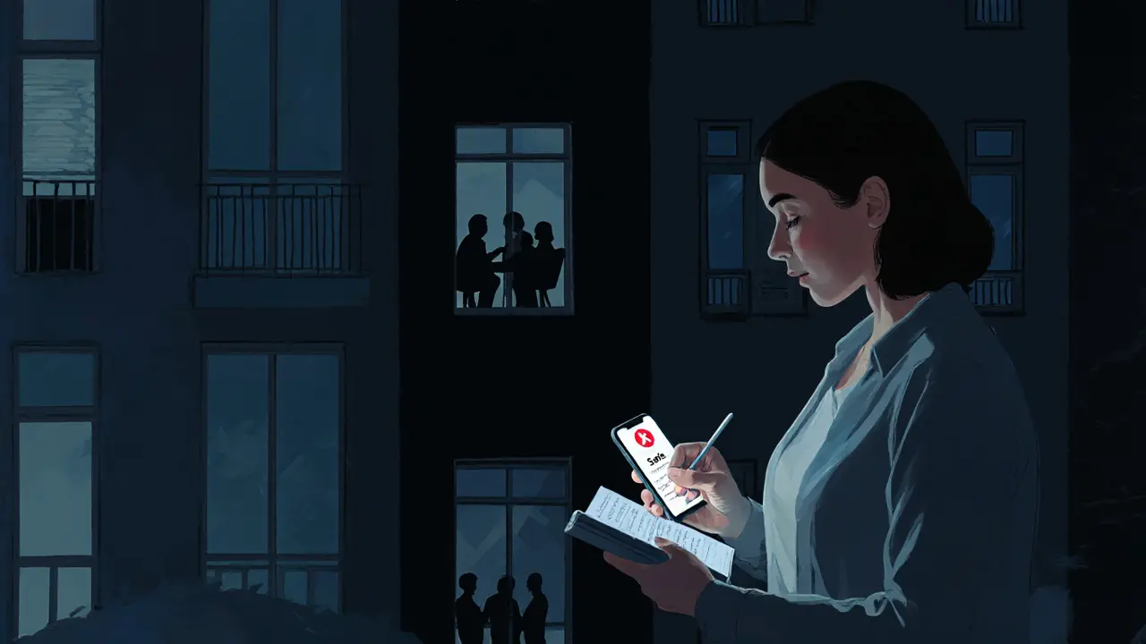 Woman writing in notebook after a job, emergency contact glowing on phone, support group visible in distance.