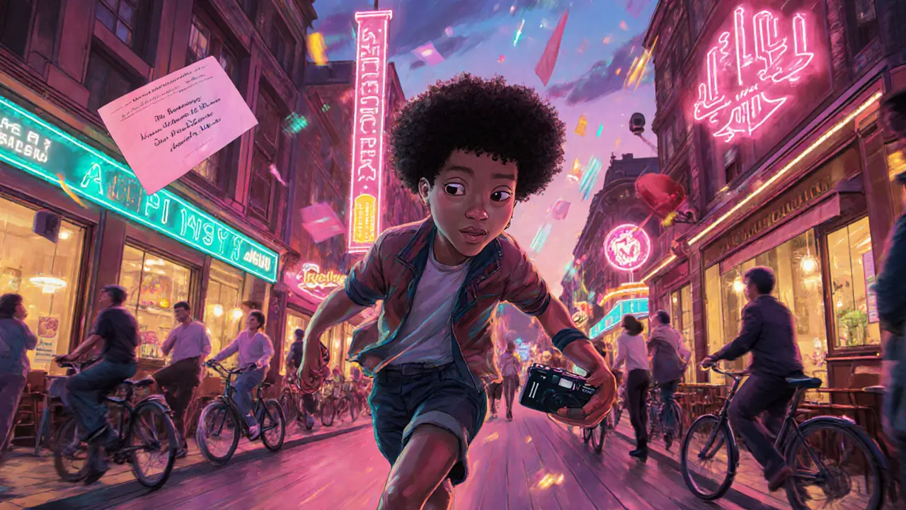 Young impulsive traveler rushing through a neon‑lit Berlin street at dusk.