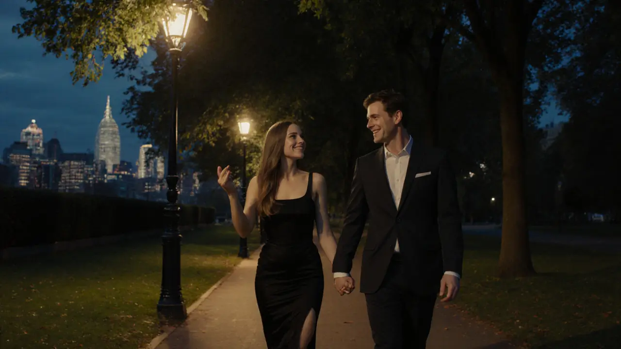 A BBW escort and client walking peacefully through Hyde Park at dusk, hand in hand.