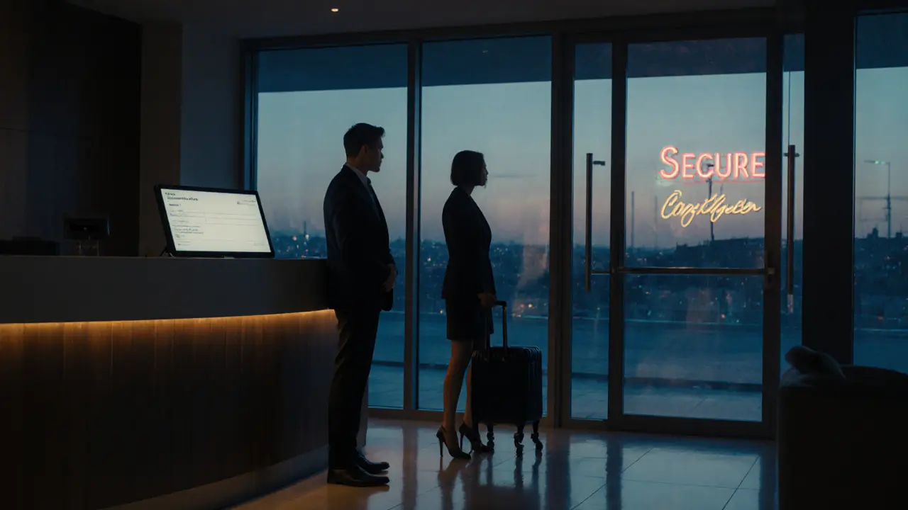 A client and escort meeting professionally in a hotel lobby, with no physical contact, calm and safe atmosphere.