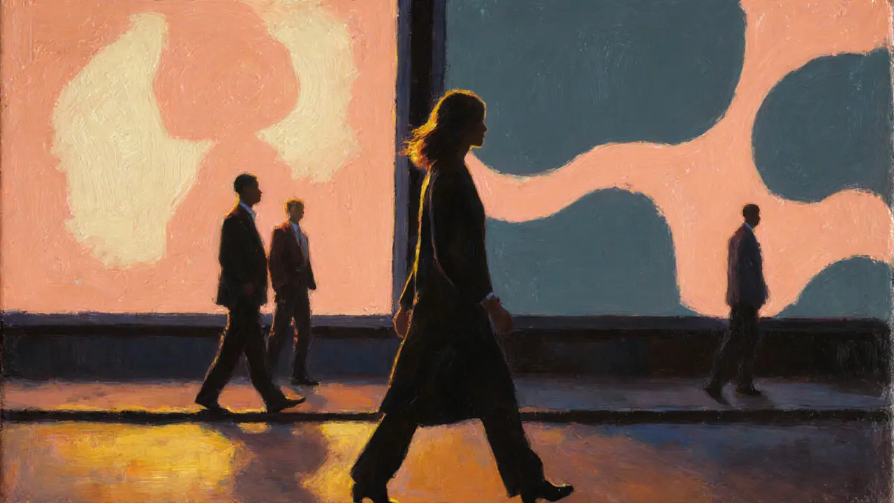 A confident woman with natural curves walking past glowing ads in a golden-hour city street, men glancing respectfully.