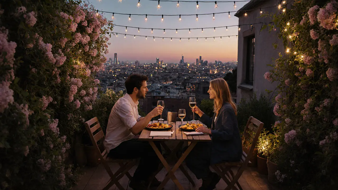 A couple enjoys a private dinner on a hidden Barcelona rooftop garden at twilight.