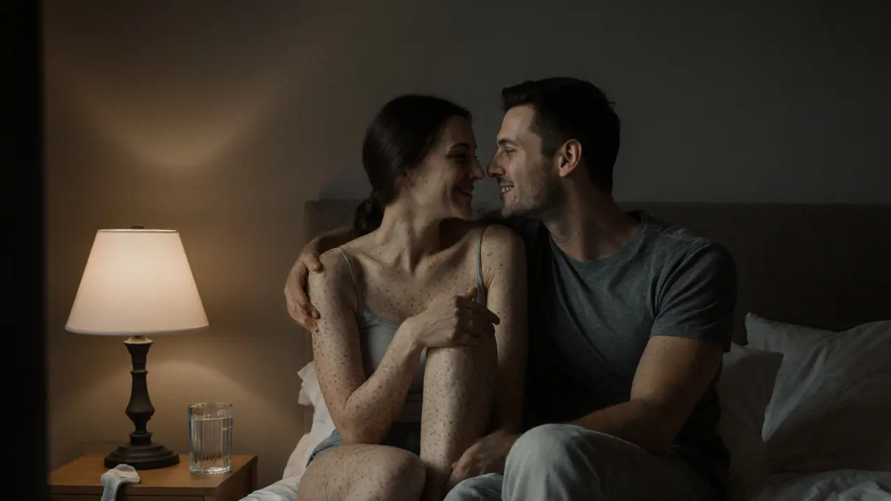 A couple smiling after intimacy, natural bodies, barefoot, in a cozy, unposed moment.