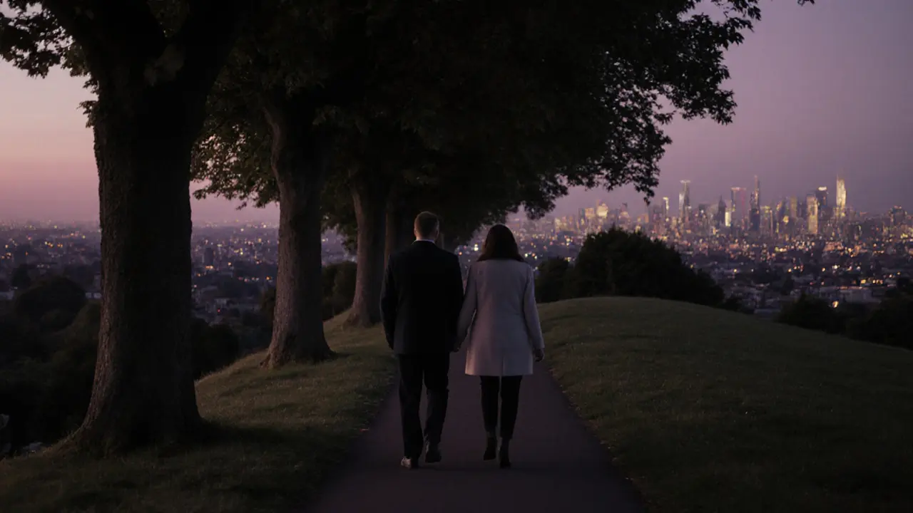 A couple walking peacefully along Primrose Hill at twilight, city lights glowing softly in the background.