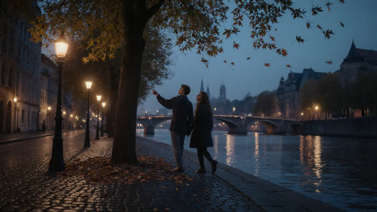 A couple walking peacefully by a river at dusk, leaves falling, soft reflections on the water.