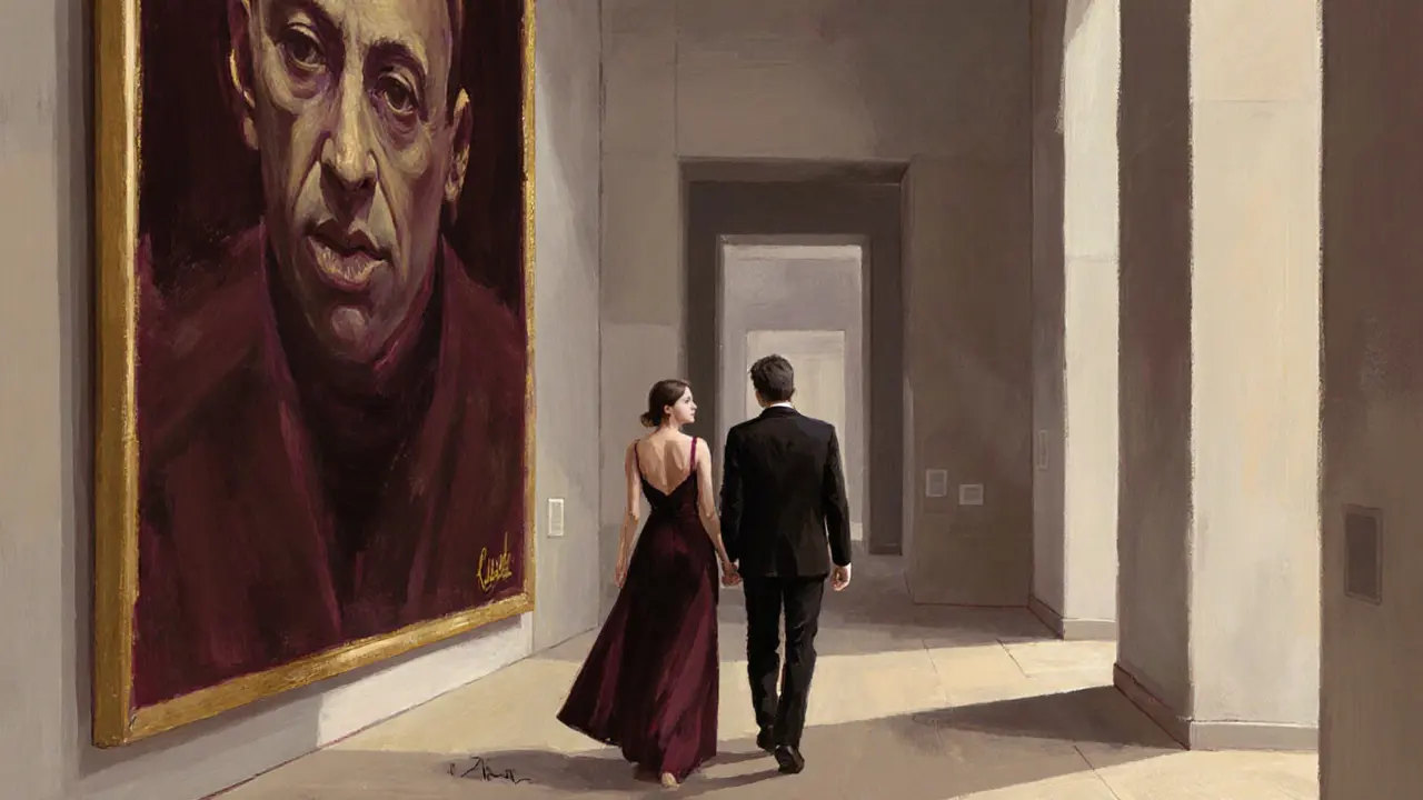 A couple walks quietly through an art gallery, surrounded by large abstract paintings under soft lighting.