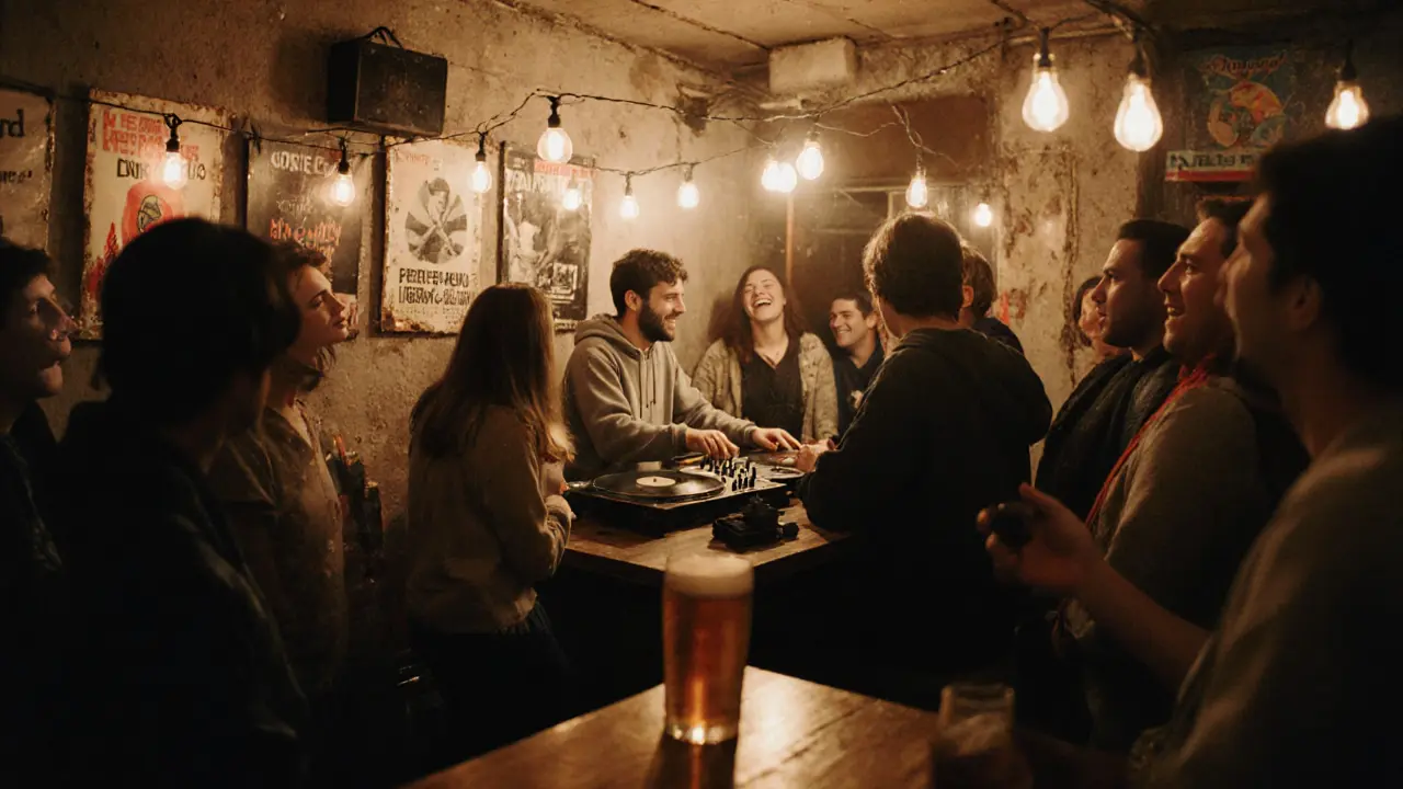 A cozy underground venue with a small crowd enjoying live music and cheap pints at a wooden bar.