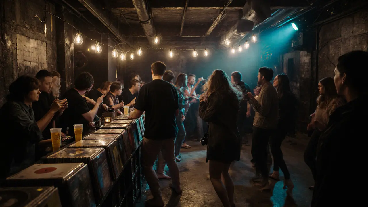 A crowd dancing in a raw, underground warehouse venue in Peckham with string lights and live electronic music.