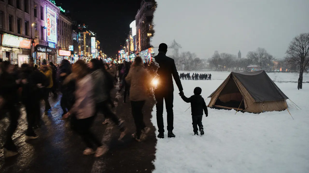 A dual image blending nightlife energy with a solemn father-child moment in a camp, symbolizing false vs true beauty.