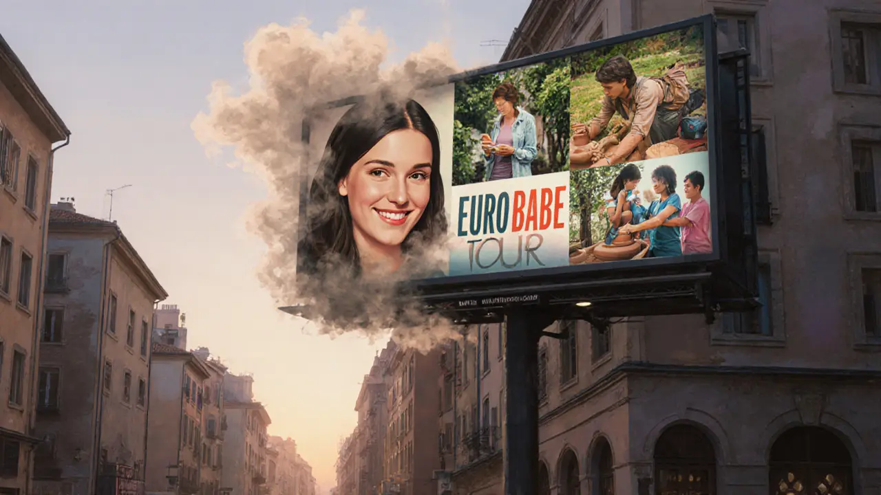 A fading &#039;Euro Babe Tour&#039; billboard transforming into images of empowerment.